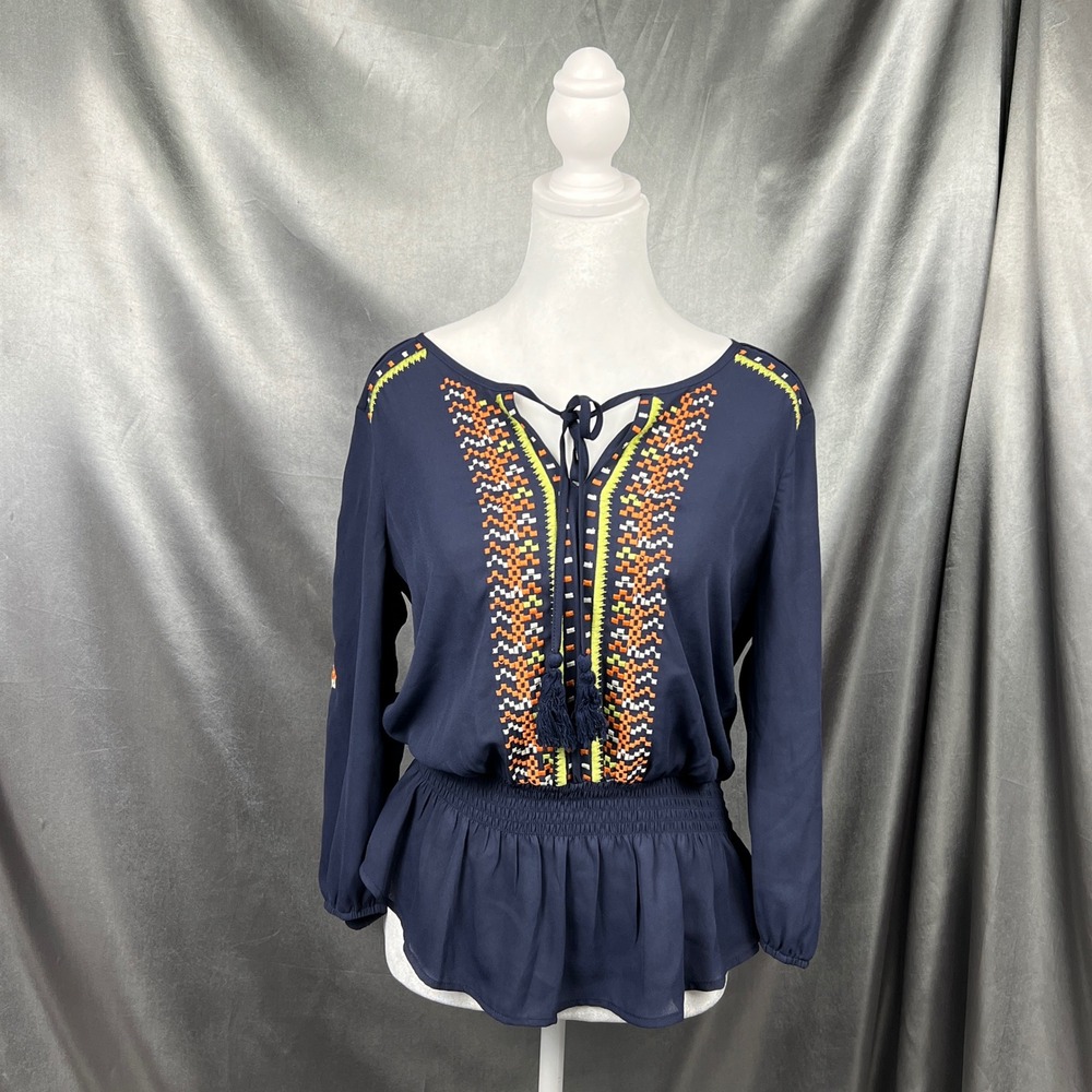 Daniel Rainn Maeve Navy Blue Embroidered Peplum Blouse Tie Neck Tassels Boho Med